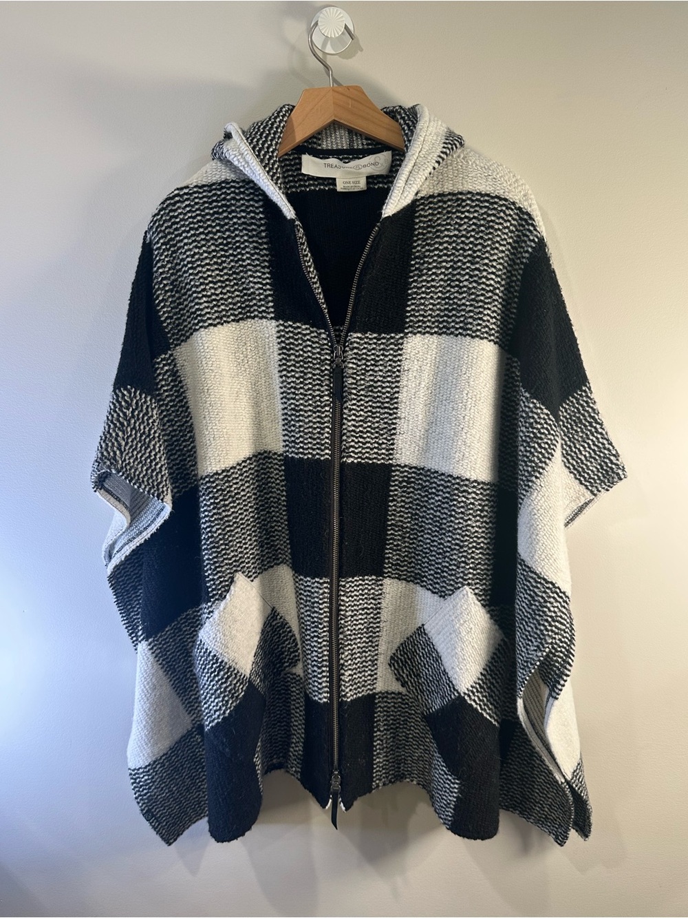 Nordstrom Cozy Black & White Hooded Zip Poncho - wool blend fall outerwear